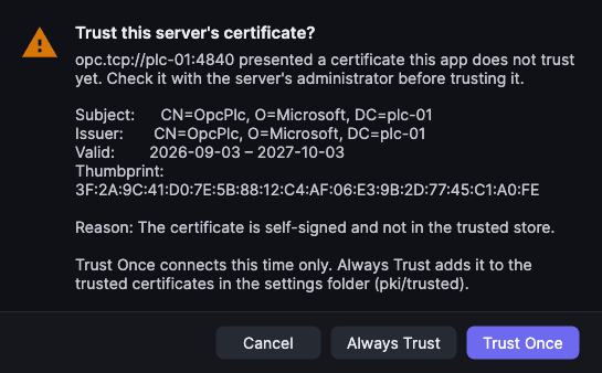 Untrusted server certificate prompt