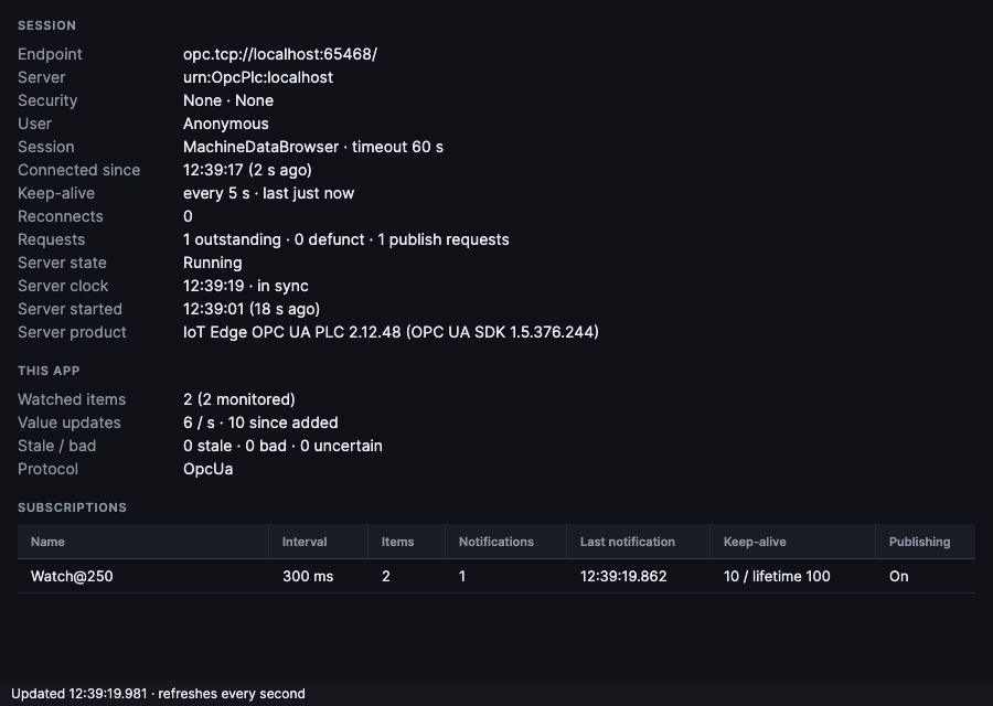 Diagnostics window: session, this app and subscriptions
