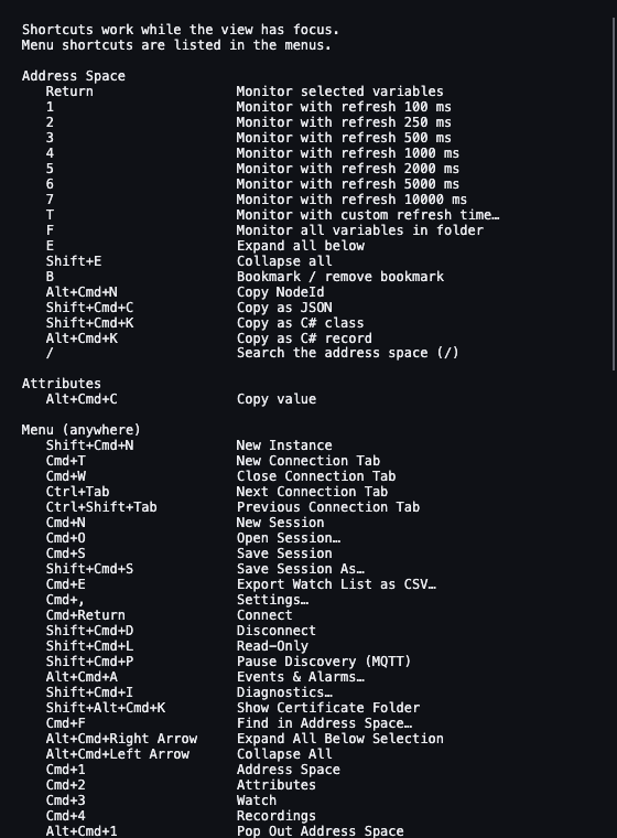 Keyboard shortcuts window