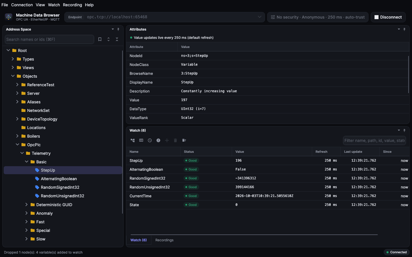 Machine Data Browser connected to an OPC UA server: address space, attributes and live watch values