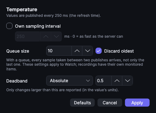 Monitoring settings dialog