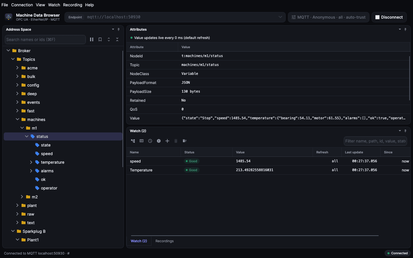 MQTT broker: topic tree with JSON fields, Sparkplug B, attributes of a topic