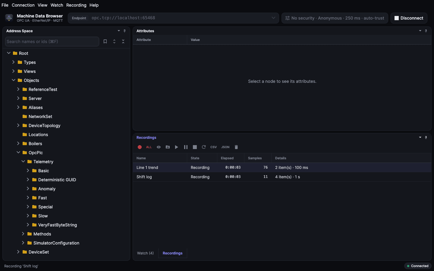Recordings pane with two running recordings