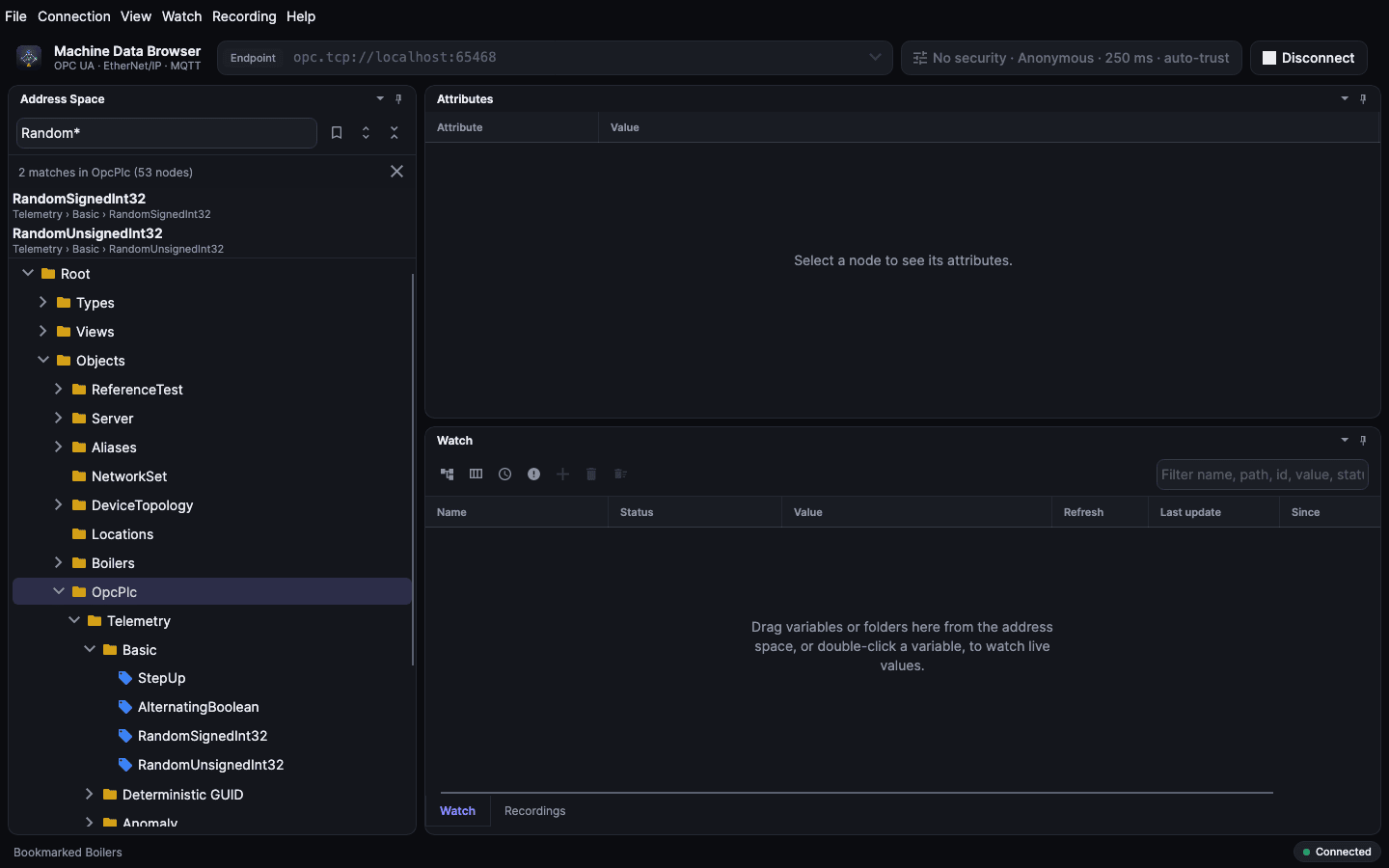 Search results above the address space tree