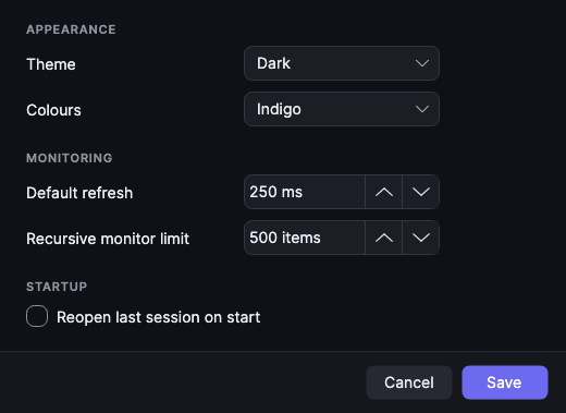 Settings window