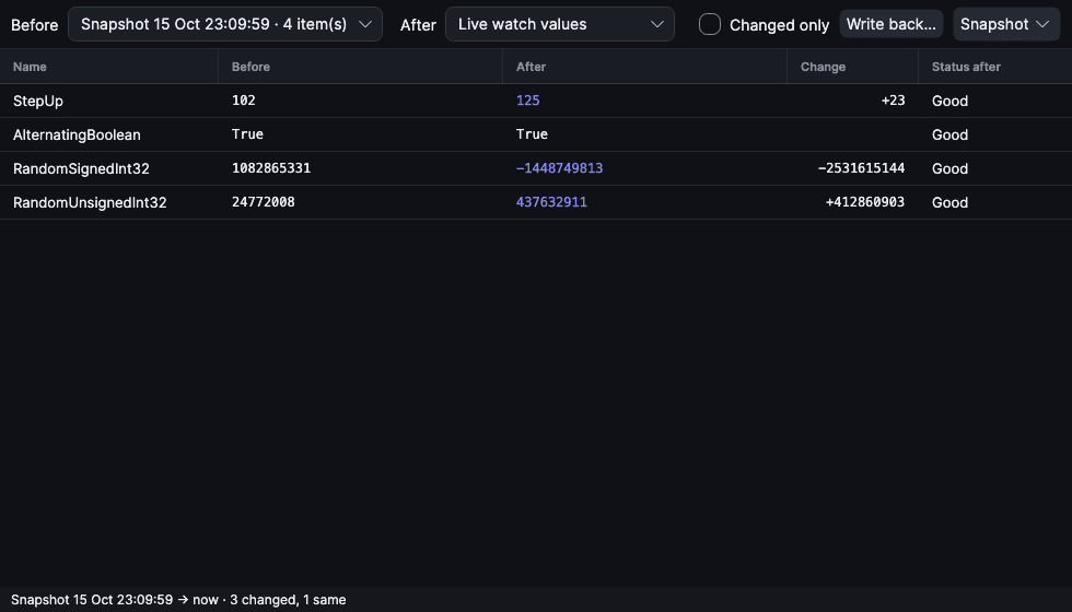 Snapshot compared with live watch values